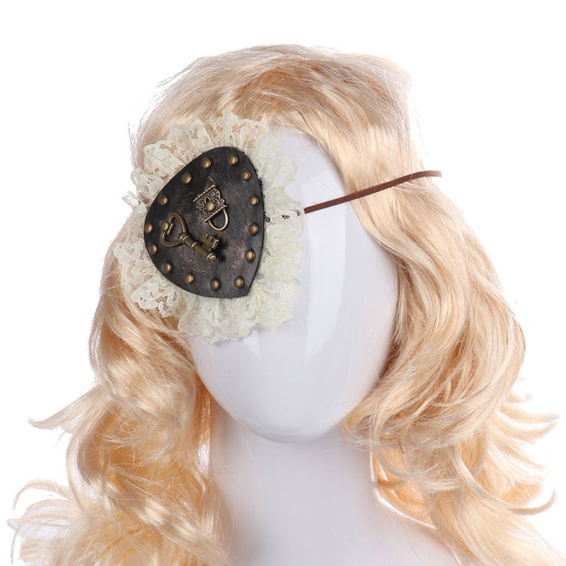A handmade mannequin with blond hair wearing a Steampunk Lolita Eyewear Eye Patch Cosplay Accessory adorned with lace from Maramalive™.