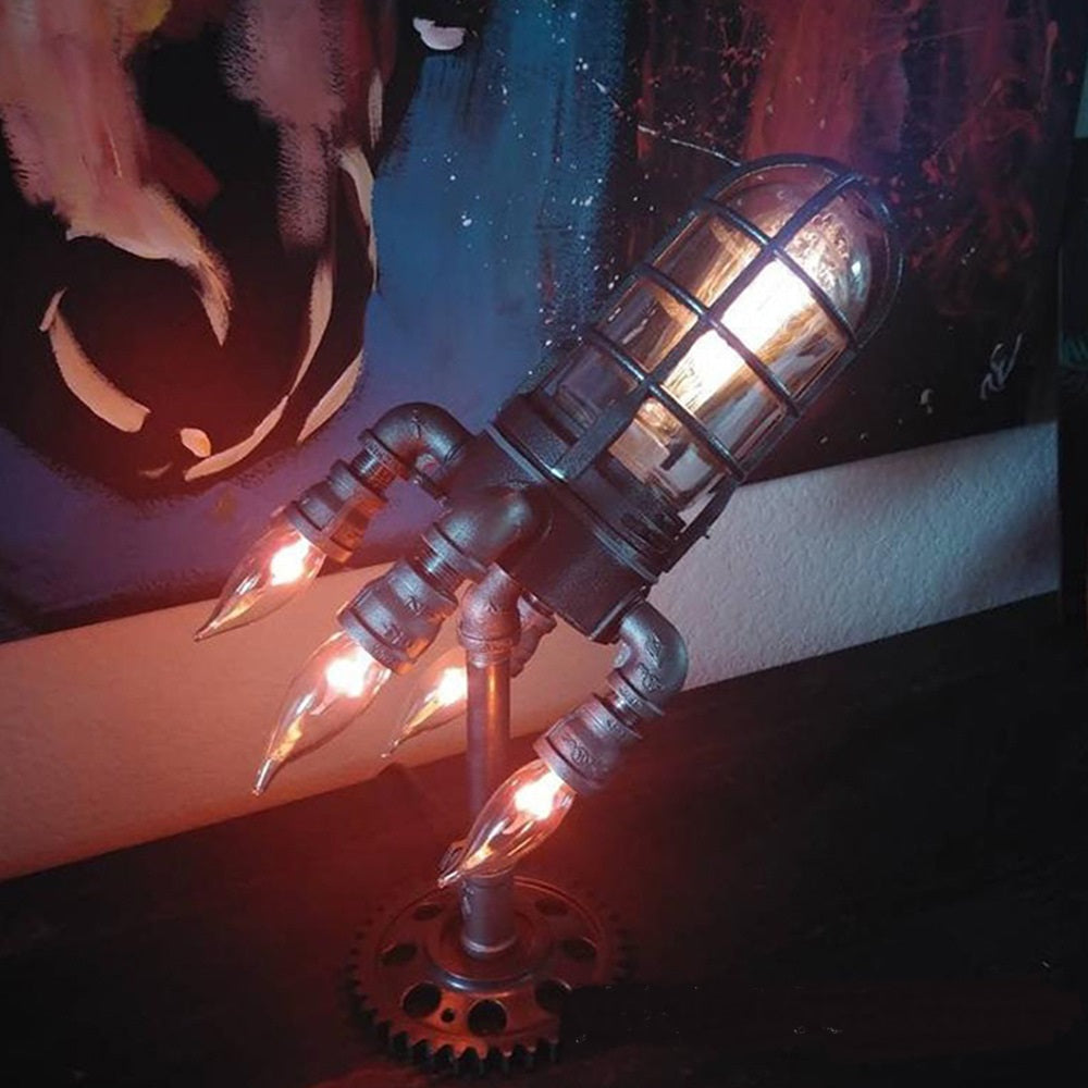 A man and woman with a New Bazooka Flame Steampunk Rocket Home Decoration Light by Maramalive™ in front of them.