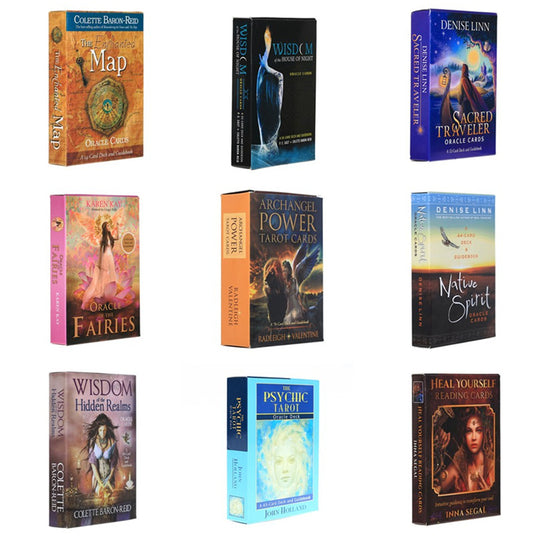 A collection of different Maramalive™ Tarot Card English Card Oracle Card Fate Divination Card book covers with a woman's face on them.