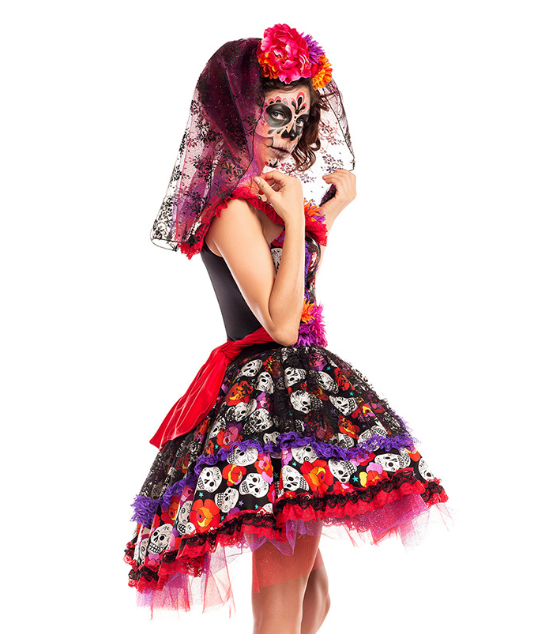 A woman in a Maramalive™ Rose skull print ghost bridal gown costume.