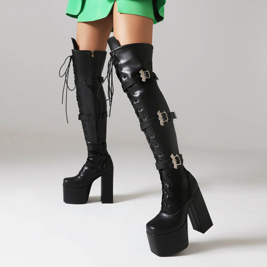 Night Club Lace-up Belt Buckle Over The Knee Boots