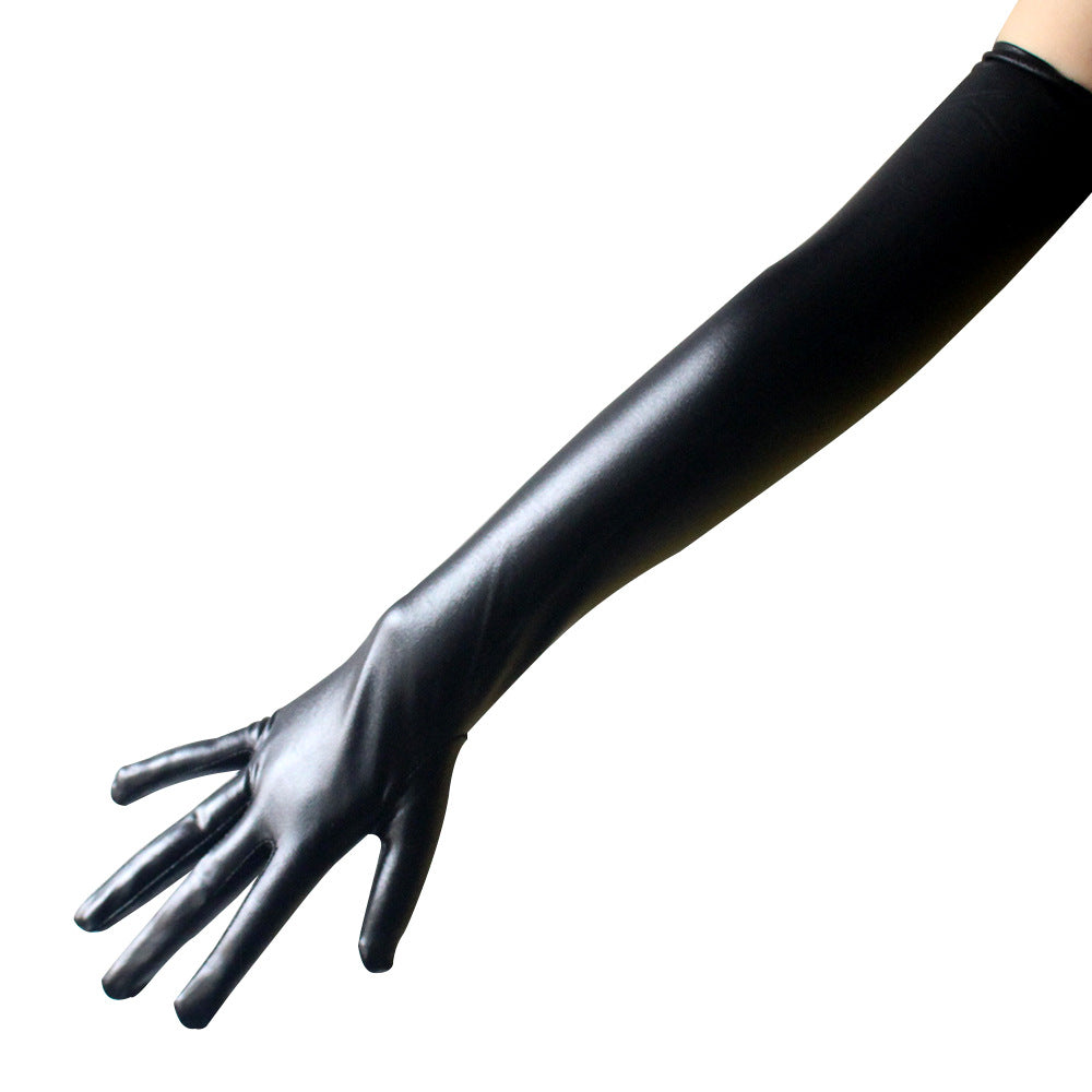 A pair of Maramalive™ Sexy patent leather gloves long on a white background.