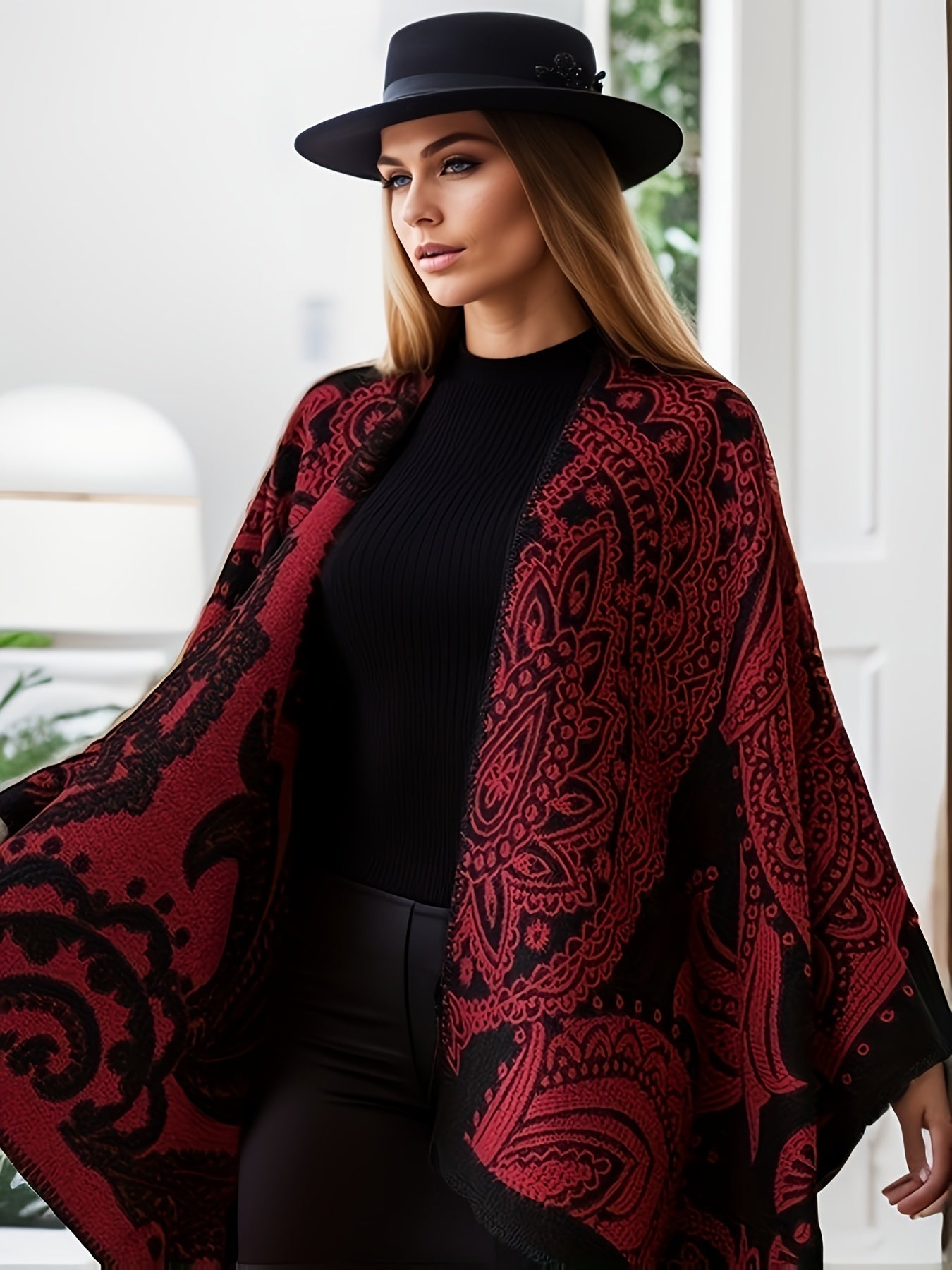 A person wearing a black hat, a black top, and an elegant patterned red and black shawl stands indoors, looking to the side. The Maramalive™ Plus Size Ethnic Style Coat, Women's Plus Tribal Print Batwing Sleeve Open Front Waterfall Collar Shawl Cape Coat adds a touch of sophistication perfect for the Fall/Winter season.