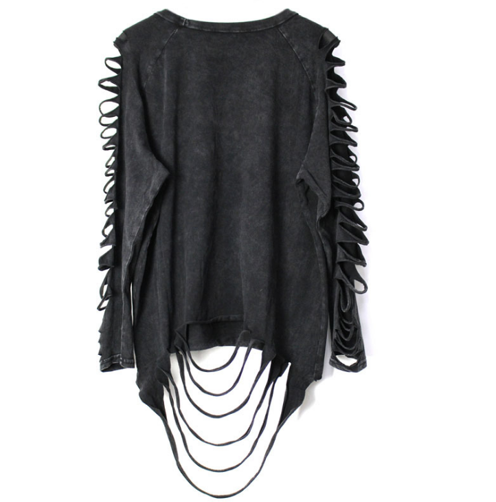 A black t-shirt with chains hanging from the shoulder. 
Product Name: Maramalive™ Hippie Punk Rock Grunge Tumblr Clothing Long Sleeve Cut Out Plus Size Tee Women Top