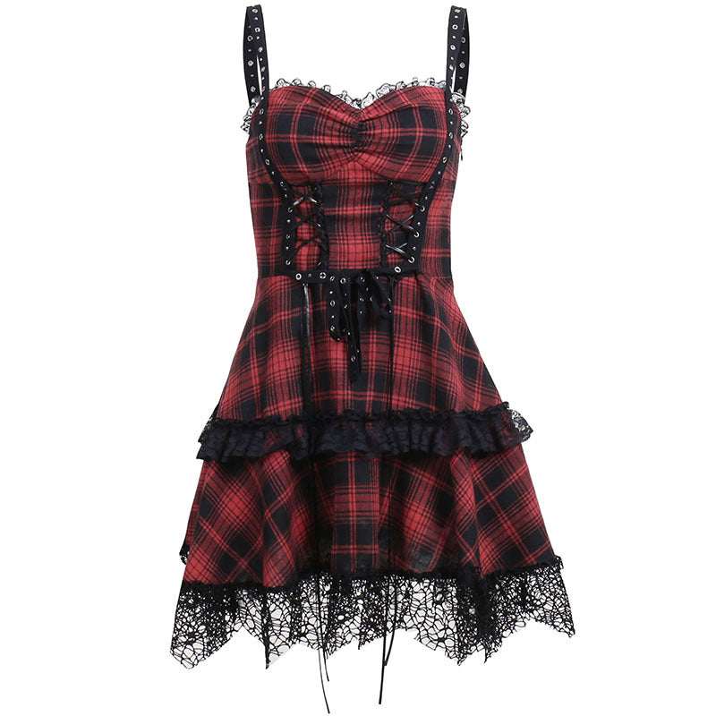 Two women in gothic outfits, one of them wearing the Maramalive™ New Gothic Plaid Suspender Dress - Underworld Tartan Mini-dress, sitting on stairs.