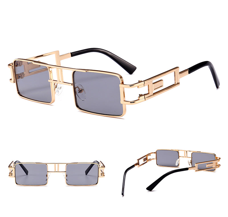 A pair of Maramalive™ mens rectangular sunglasses with a gold frame and green lens.