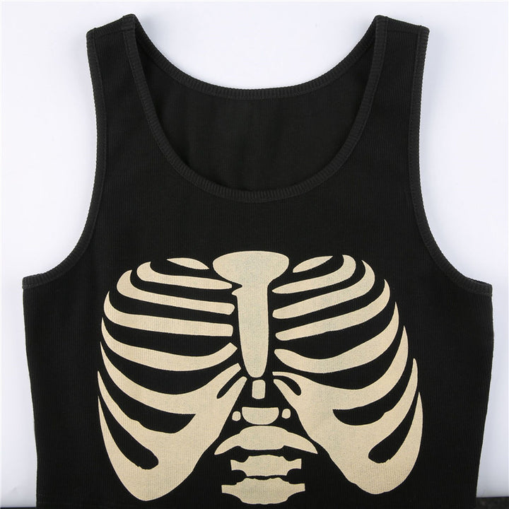 A Maramalive™ Gothic Style Vest Skull Print Fashion featuring a graphic design of a human ribcage and spine in white on the front, made from a polyester fiber blend. Available in Asian sizes.