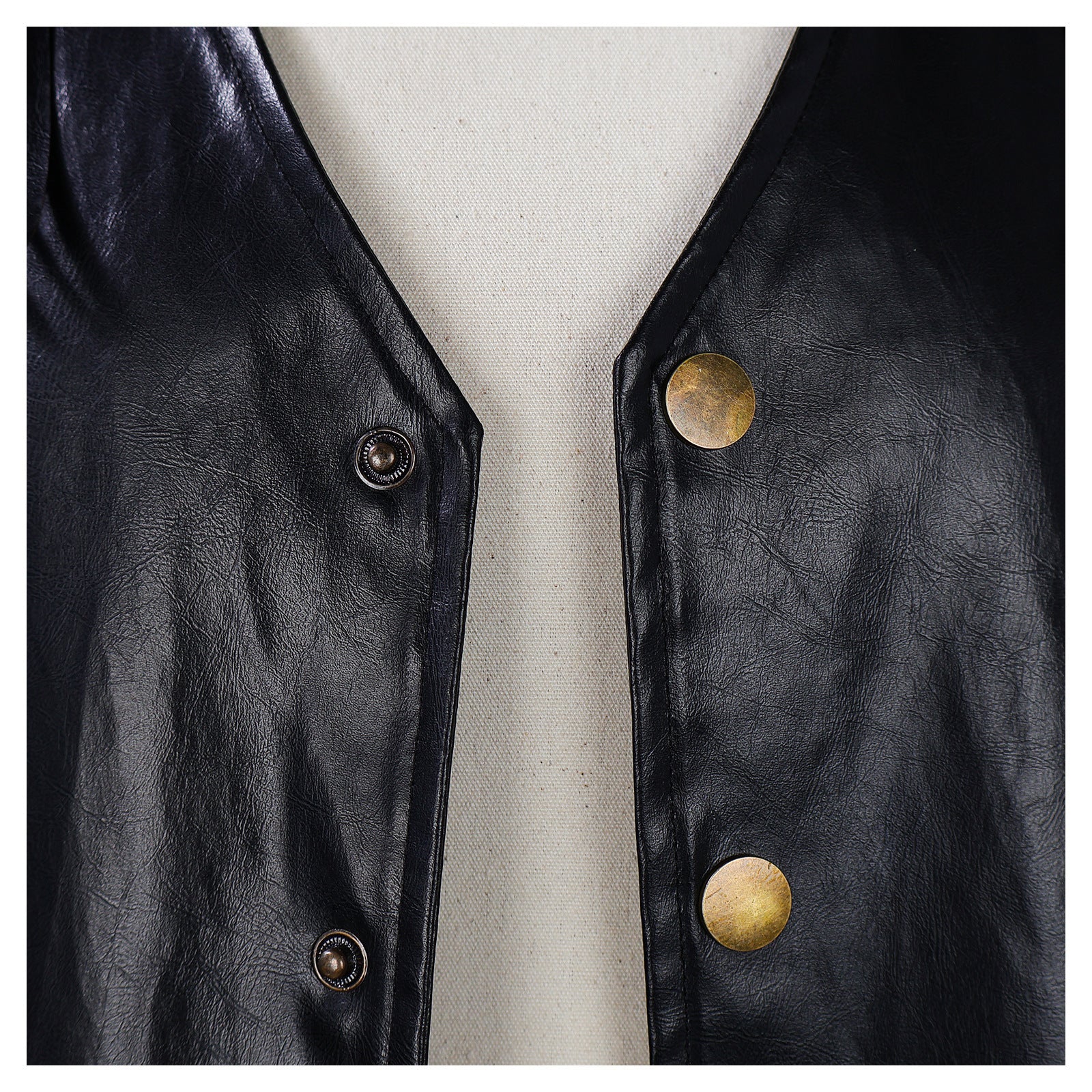 Close-up of a Maramalive™ European Retro Vest For Men with brass-colored snap buttons and white chenille fabric visible underneath, evoking an edgy Harajuku style.