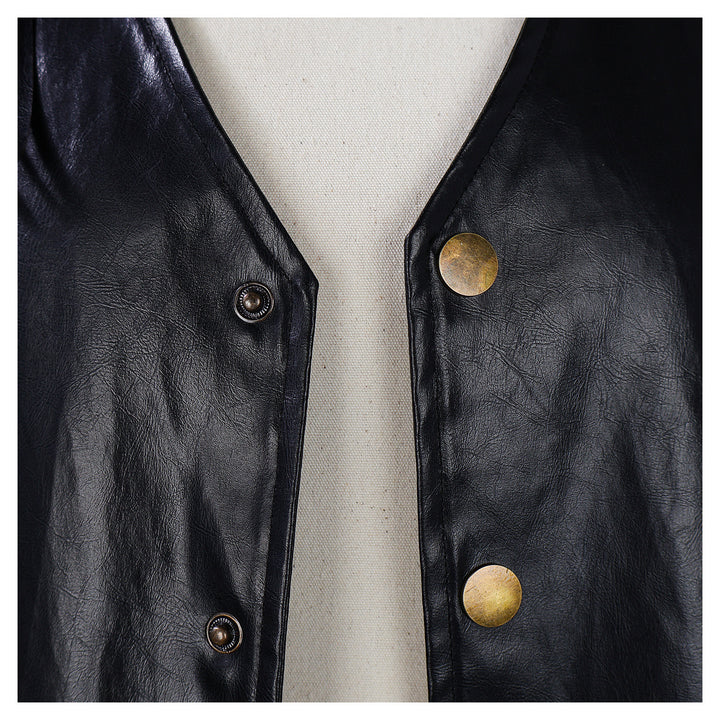 Close-up of a Maramalive™ European Retro Vest For Men with brass-colored snap buttons and white chenille fabric visible underneath, evoking an edgy Harajuku style.