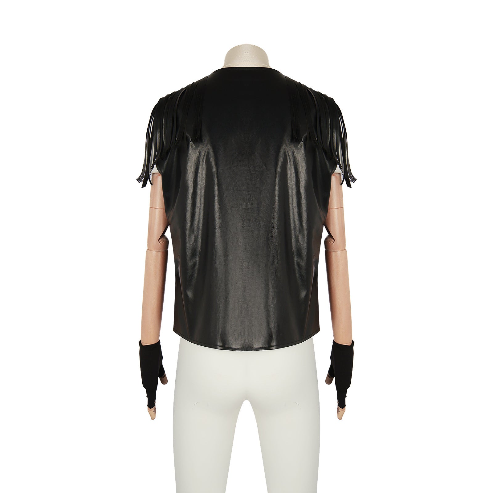 A mannequin from the back wearing a sleeveless black leather top with fringe detailing on the shoulders and black fingerless gloves, embodying a distinct Harajuku style. White pants complete the eclectic outfit with a European Retro Vest For Men from Maramalive™.