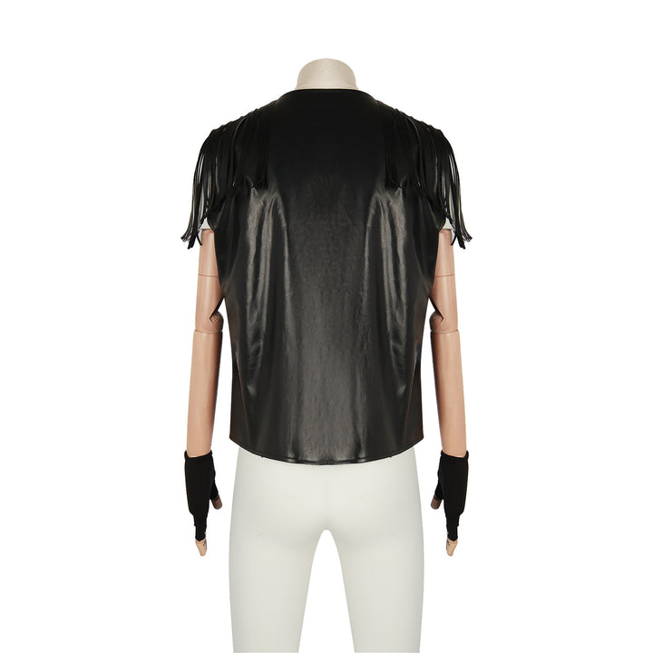A mannequin from the back wearing a sleeveless black leather top with fringe detailing on the shoulders and black fingerless gloves, embodying a distinct Harajuku style. White pants complete the eclectic outfit with a European Retro Vest For Men from Maramalive™.