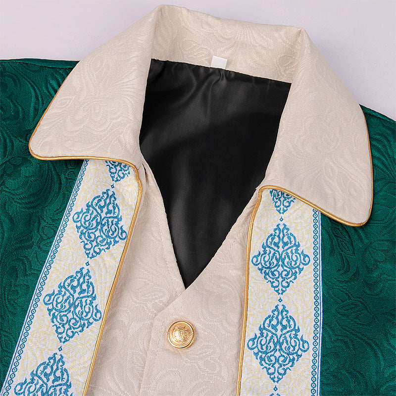 This Maramalive™ Men's Fashion Personality Steampunk Jacket cosplay costume features a green men's coat made from high-quality polyester fabric.