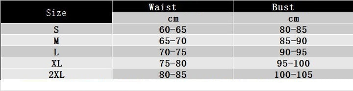 Size chart showing waist and bust measurements in centimeters for five sizes of New Steel Rib Gothic Shapewear by Maramalive™: S (60-65 cm, 80-85 cm), M (65-70 cm, 85-90 cm), L (70-75 cm, 90-95 cm), XL (75-80 cm, 95-100 cm), and 2XL (80-85 cm, 100-105 cm).