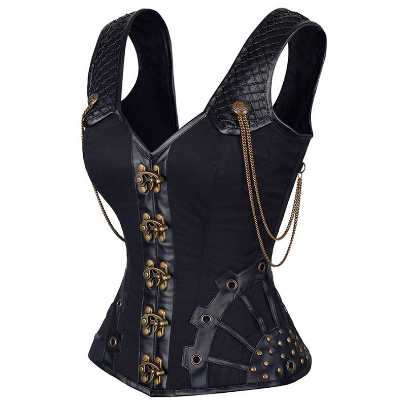 A black, steampunk-inspired Maramalive™ New Steel Rib Gothic Shapewear with intricate bronze fastenings, quilted shoulder straps, decorative chain accents, and gear-like details provides both chest support and abdominal contraction.