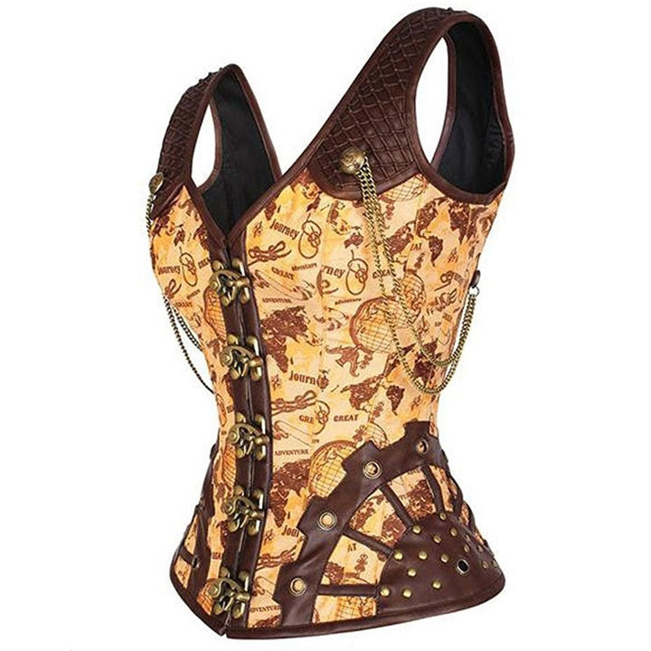 A brown and beige steampunk-style Maramalive™ New Steel Rib Gothic Shapewear featuring lace-up front, metal chains, globe map pattern, and added lumbar support.