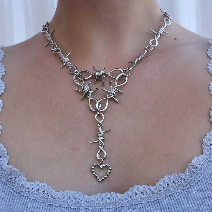 Love Heart Thorns Vintage Necklace | Barbed Wire Statement Necklace on a model's neck