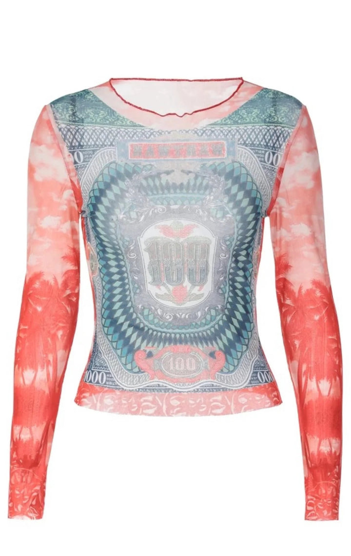 Maramalive™ Fashion Digital Printing Colorful Breathable Women's Round Neck Pullover with a colorful print combining currency motifs and palm trees. The top features a unique blend of blue, green, and coral hues, offering an eye-catching 3D effect that captures the essence of street hipster fashion in both European and American style.