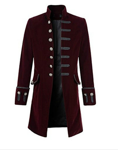 A Maramalive™ men's black velvet coat with silver buttons.