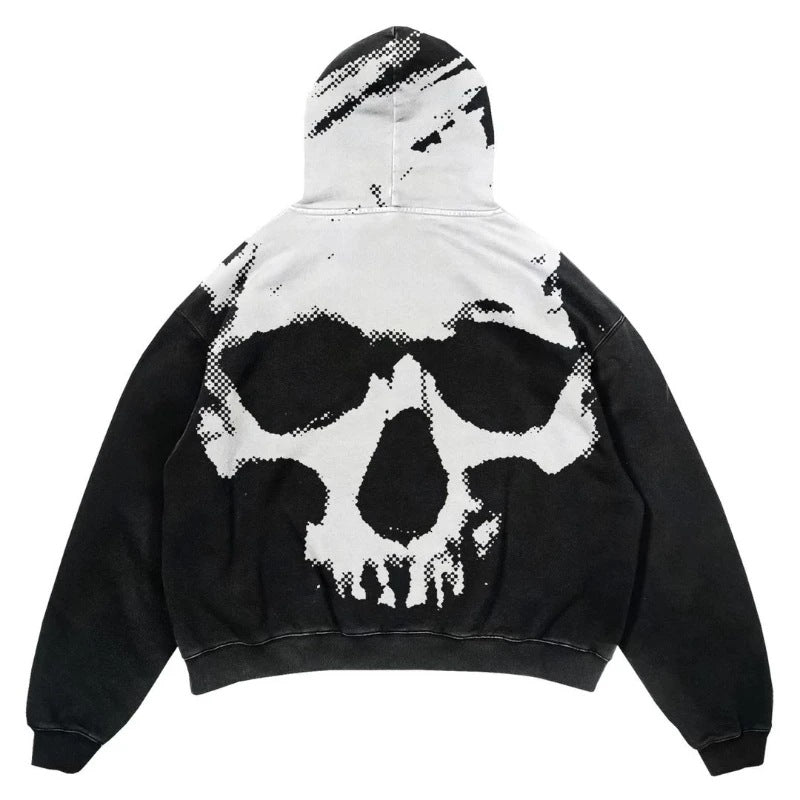 A Maramalive™ Popular Skull Print Design Hoodie Retro Street Gothic Style featuring a stylized, pixelated skull design on the back. Embrace the urban edge with this gothic street style piece, where even the hood continues the striking pattern.