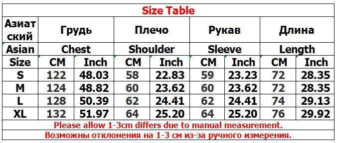 Size table for our Maramalive™ Letter Foam Printed Hoodie Punk Rock Casual Sweater, showing measurements in centimeters and inches for chest, shoulder, sleeve, and length for Asian sizes S to XL with a note about possible 1-3 cm differences due to manual measurement. Perfect for street hipster style.