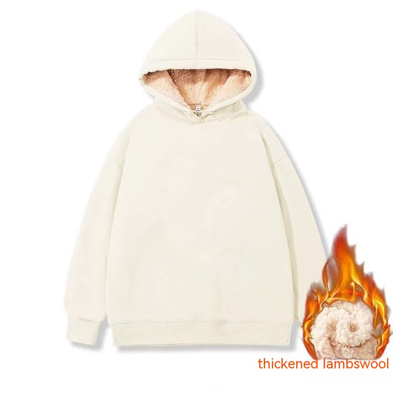 An ivory-colored, hooded pullover with thickened lambswool lining, displayed with a graphic of wool lining and flames indicating warmth is the Men's Fleece Hoodie Winter Lined Padded Warm Keeping Loose Hooded Sweater by Maramalive™.