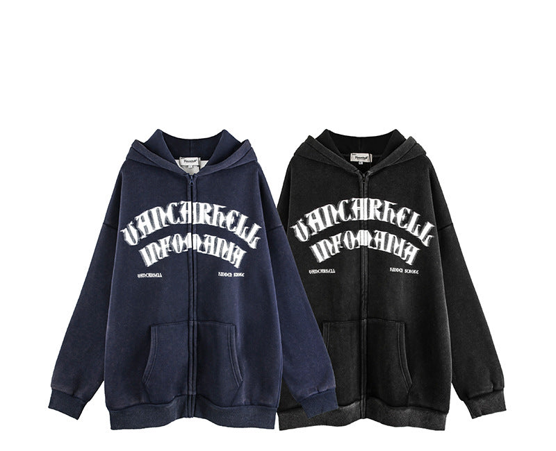 Two hoodies, embodying street fashion, are displayed side by side. The left hoodie is navy blue, and the right is black. Both feature large white text across the chest with a zip-up front and a hood. They are the Old Dark Shadow Portrait Design Velvet Thickened Hooded Sweatshirts by Maramalive™.