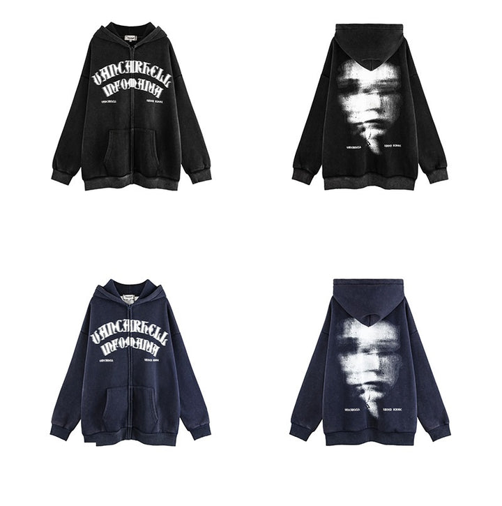 Two black hoodies and two navy hoodies displayed front and back. The Maramalive™ Old Dark Shadow Portrait Design Velvet Thickened Hooded Sweatshirt features a graphic design and text on the front and a blurred image on the back, crafted with Composite Austrian Fleece for ultimate comfort.