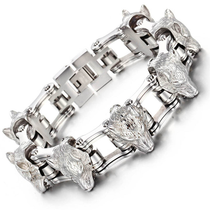 A men's titanium bracelet with steel lions head motifs, by Maramalive™