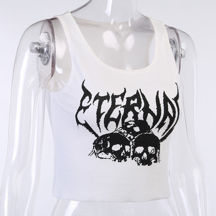 A gothic woman wearing a black crop top with skull motifs, the Mortal Mesh: Navel Cropped Short Vest Female Gothic Style Vest Skull Print Top from Maramalive™.