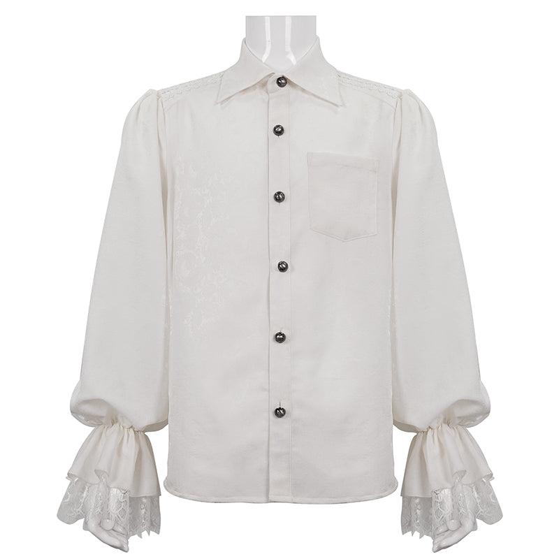 Maramalive™ Men's Ruffled Gothic Long Sleeved Shirt: A white long sleeve shirt with black buttons, a chest pocket, ruffled lace cuffs, and a chic square collar made from soft polyester.