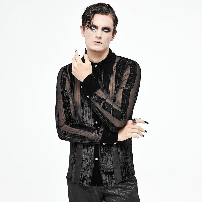 A person with pale makeup and dark eye shadow, dressed in a Maramalive™ Men's Demon Fashion Gothic Striped Velvet Burnt-out Pleated Shirt that features a square collar, stands against a white background.