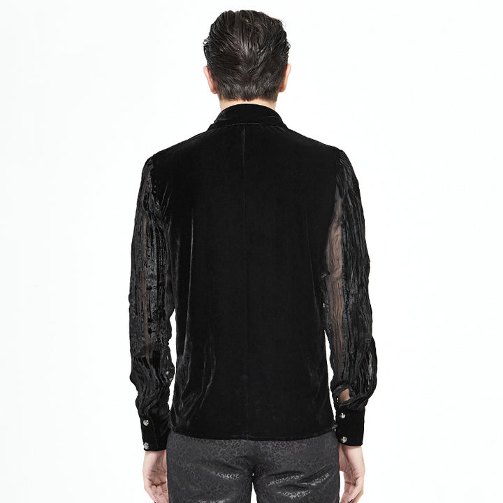 A person with slicked-back hair is standing with their back to the camera, wearing a black velvet jacket with semi-transparent sleeves over a Maramalive™ Men's Demon Fashion Gothic Striped Velvet Burnt-out Pleated Shirt and dark pants against a white background.