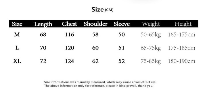 Size chart displaying measurements for sizes M, L, and XL in centimeters. Categories include length, chest, shoulder, sleeve, weight range, and height range with a note on possible measurement errors. Perfect for those who love street fashion. Check out the Hip-Hop Street Gothic Print Knitted Sweater by Maramalive™!