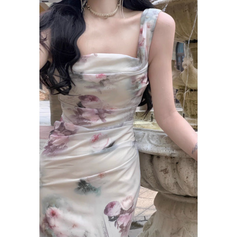 Dark Fishbone Lace-up Floral Dress