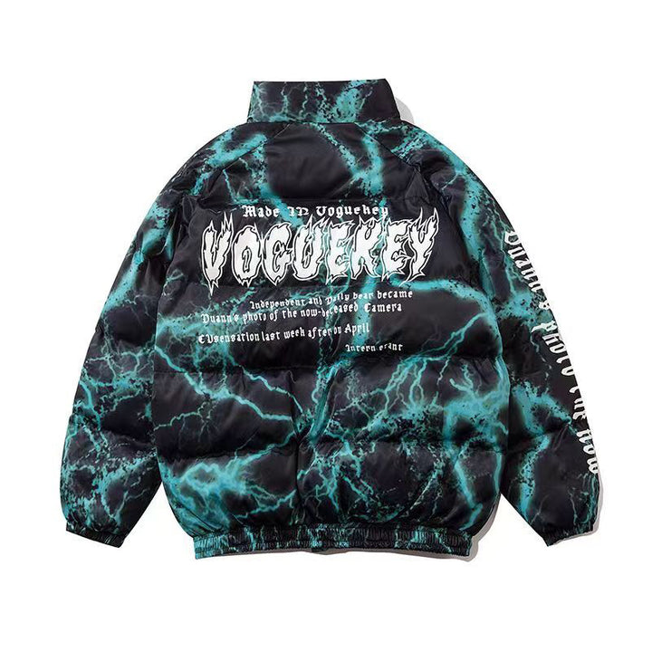 A black and teal tie-dye jacket with an oversized fit, featuring dark graffiti printing and designs on the back, prominently displaying the word "Oversized Hip Hop Coat - Loose Fitting Urban Streetwear" by Maramalive™ in bold white letters.