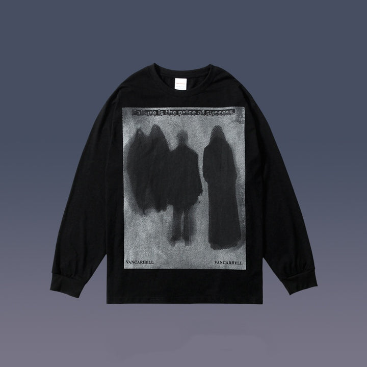 Black collarless long-sleeved shirt featuring a grayscale print of four cloaked figures, with text above them. The bottom of the print displays the word "SANGARELLI" twice. This striking piece is crafted from soft cotton fabric, ensuring comfort and style. Introducing the Men's Dark Abstract Printing Long-sleeved T-shirt by Maramalive™.