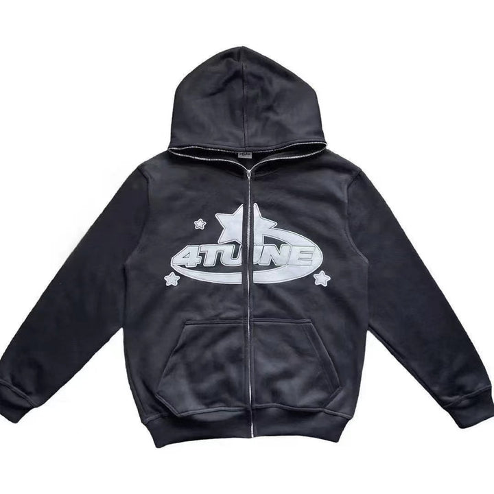 Black hoodie with a zipper; features a large "4TUNE" logo with stars on the front. This piece offers trendy details and embodies a comfortable and casual style, perfect for any occasion. Transform your look with the Gothic Couple Sweatshirts Trendy Outfits by Maramalive™.