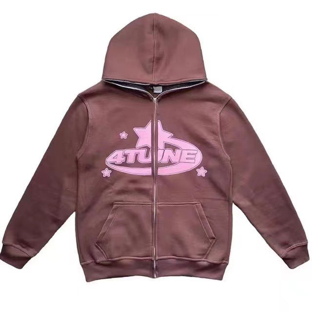 A brown zip-up hoodie with a hood, featuring a "4TUNE" logo and stars in pink on the front, and two front pockets. The Maramalive™ Gothic Couple Sweatshirts Trendy Outfits are perfect for those seeking comfortable and casual style with trendy details.