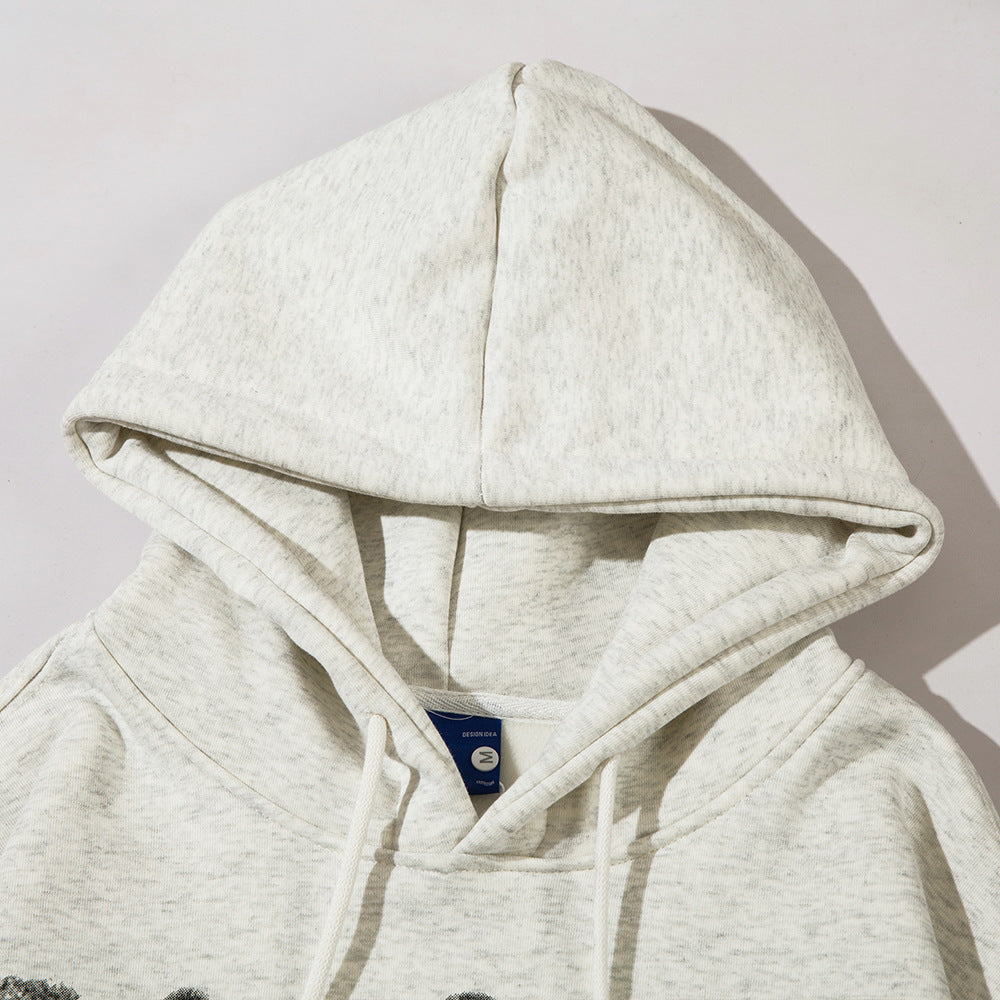 Close-up image of a light gray Maramalive™ Fuzzy Hooded Sweater: Cozy Men's Pullover for Chilly Days with a visible drawstring and blue tag inside the neckline.