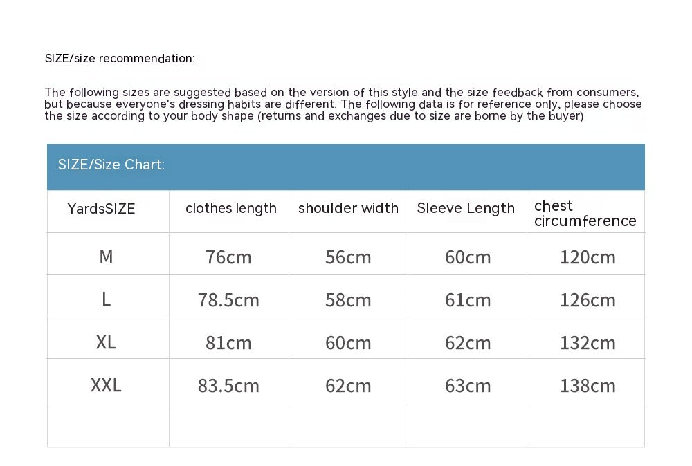 Size chart for Maramalive™ men's printed long-sleeve shirts and men's dress shirts with a versatile design showing measurements for M, L, XL, and XXL sizes. Includes clothes length, shoulder width, sleeve length, and chest circumference. M: 76/56/60/120. L: 78.5/58/61/126. XL: 81/60/62/132. XXL: 83.