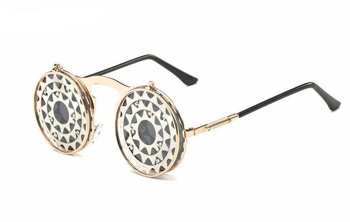 A pair of Maramalive™ Steampunk Flip Sunglasses with an orange and gold design.