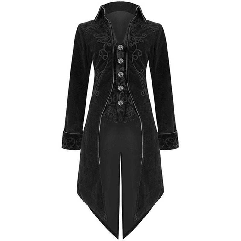 This Maramalive™ long punk men's coat in vintage clothing is suitable for any season. It is made of a cotton-blended fabric, providing comfort and style. Perfect for stage costumes or any occasion that calls for a gothic velvet jacket.