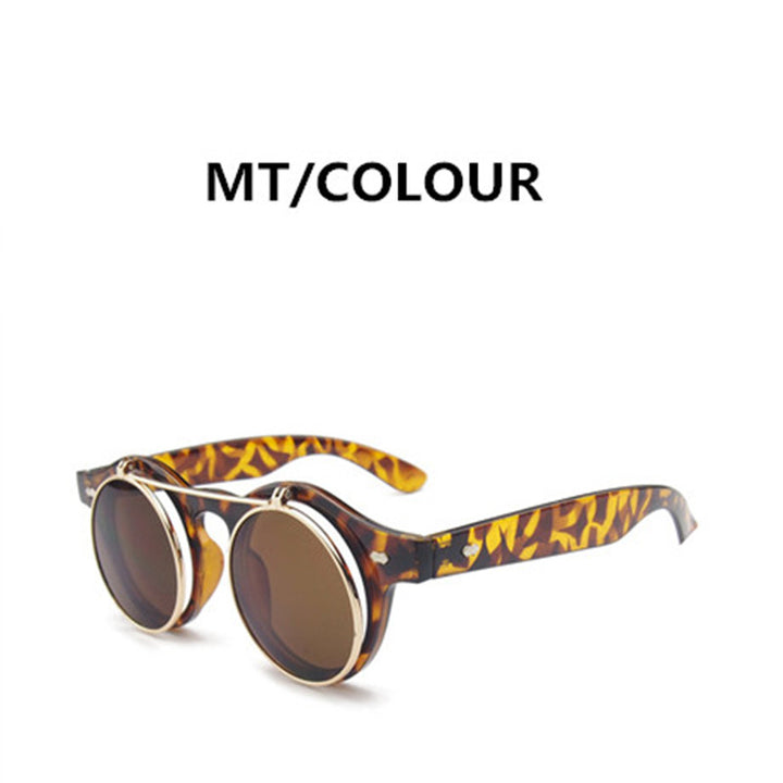 A pair of Maramalive™ Double flip round retro steampunk sunglasses with a leopard print pattern.