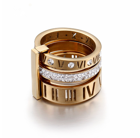 A woman's hand with a Roman Wild Titanium Steel Letter Ring by Maramalive™ on it.