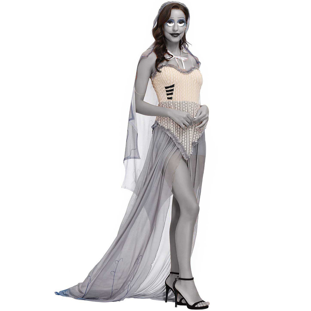 A woman is posing in a white dress with a veil, wearing the Zombie Spiritual Love Cloak Plus Size Halloween by Maramalive™.