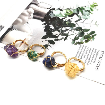 A group of Maramalive™ Hand Wrapped Rough Agate Rings with different colored stones.