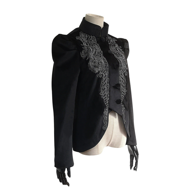 A black Women's Gothic coat jacket with lace and a Maramalive™ mannequin.