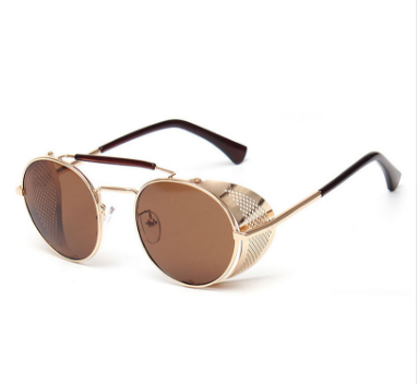 A pair of Maramalive™ light brown steampunk sunglasses with metal frames and brown lenses.