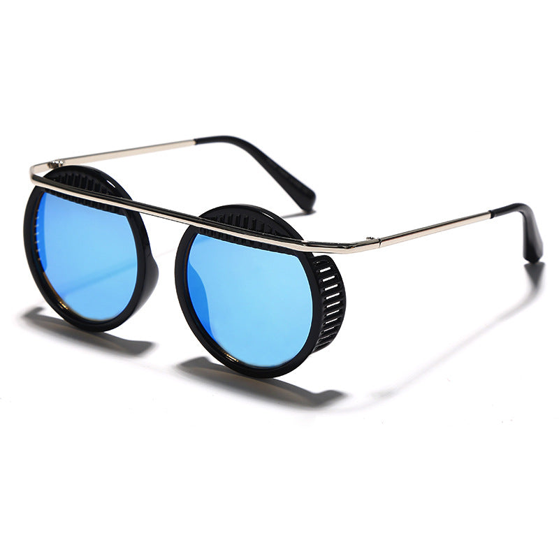 A pair of Round Steampunk Sunglasses by Maramalive™ with blue mirrored lenses.