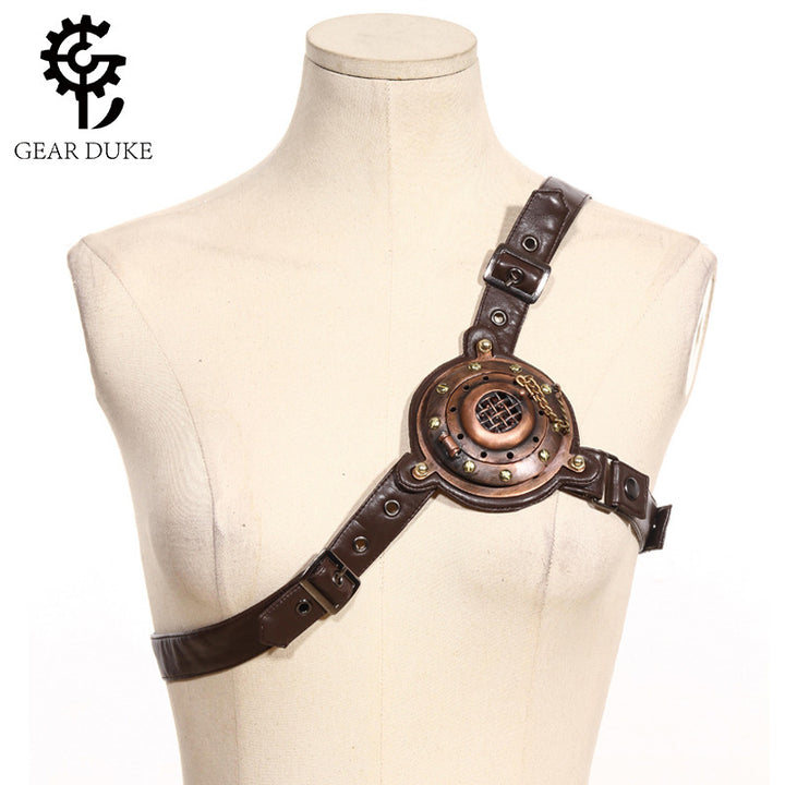 A Maramalive™ Steampunk chest buckle with a brown leather strap.